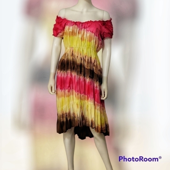 Vtg PINK CATTLELAC Ombre Tie Dye Off Shoulder Hi-Low Peasant Festival Dress - Picture 1 of 11